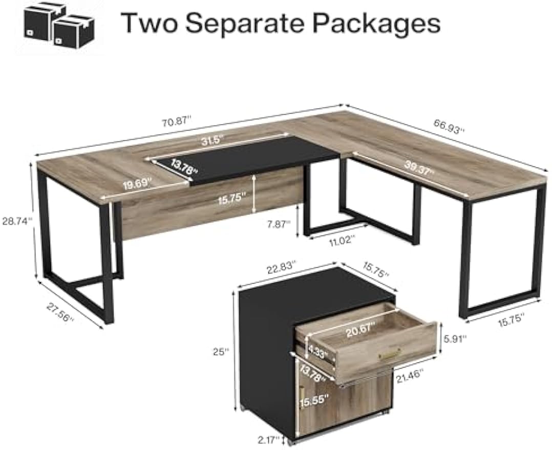 Tribesigns 70.8" L-Shaped Executive Desk with Drawer Cabinet, Large Executive Office Desk with Separate File Cabinet, Home Office Desk Workstation Business Furniture Set, Retro Gray