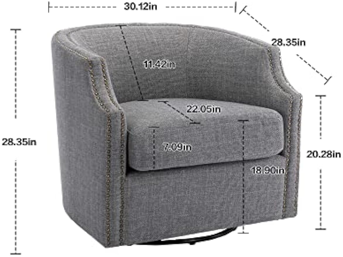 Swivel Glider Armchair for Living Room Bedroom Reading, Mid Century Modern Swivel Accent Chairs Barrel Chair Curved Arm Nailhead- 28.35 x 30.12 x 28.35 in (Dark Gray Linen, Single Club Chair)