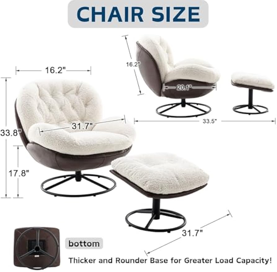 Swivel Sherpa Accent Chair with Ottoman, Mid Century Modern Lounge Chair with Footrest, Comfy Reading Chair with 360 Degree Metal Base for Small Space/Living Room/Bedroom, White Fur