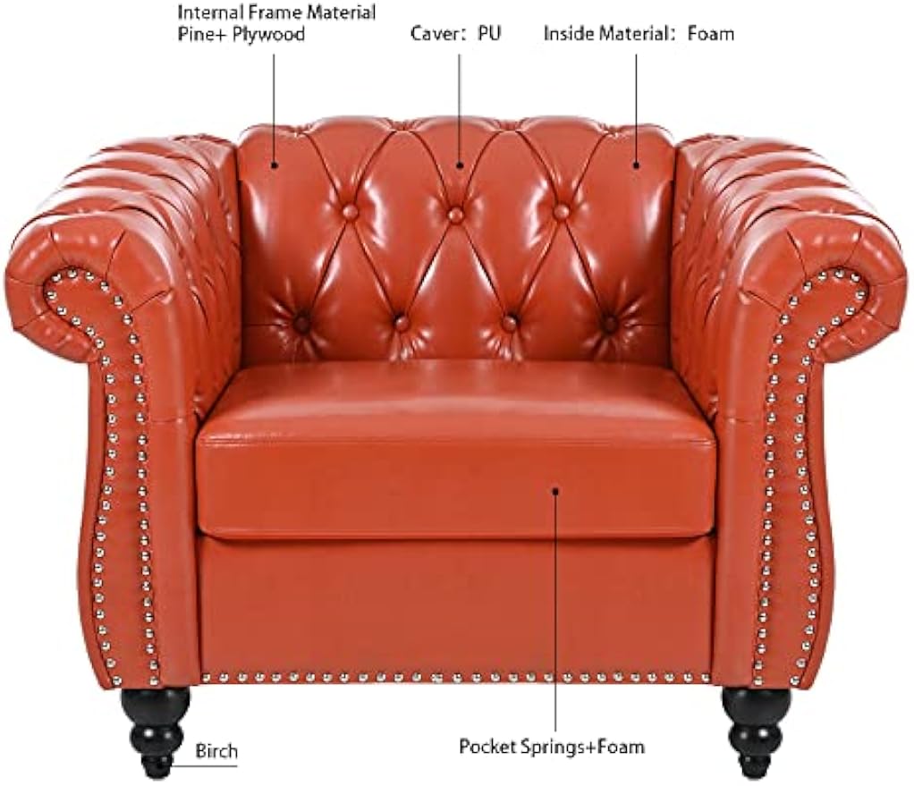 Bellemave Orange Leather Chesterfield Tufted Club Chair, Single, Modern, Traditional, Living Room, Bedroom, Office