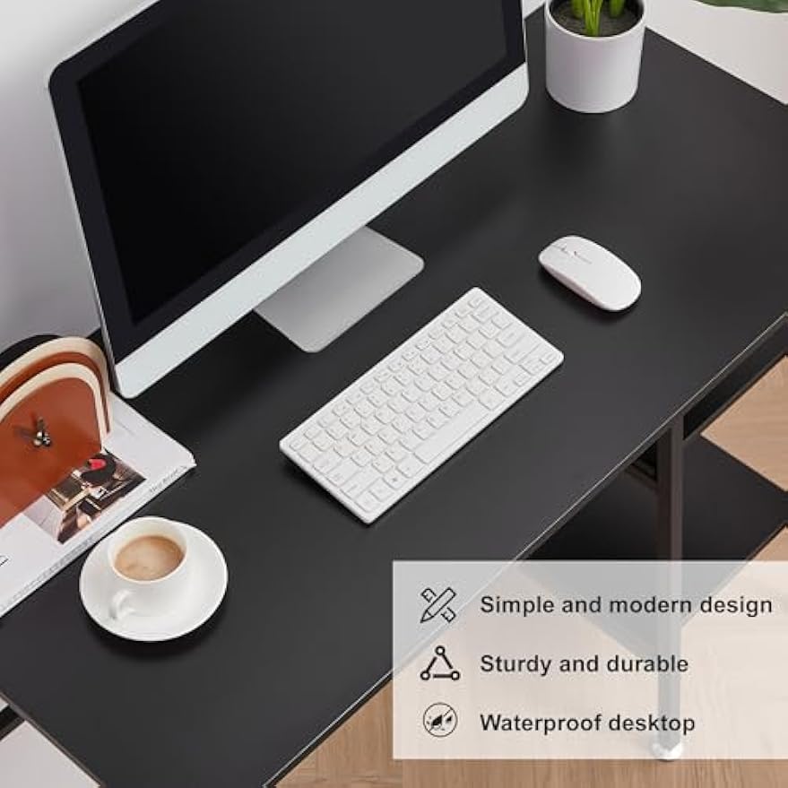 VECELO 43 Inch Computer Home Office Desk Modern Simple Writing Desk with Storage for Bedroom Simple Table Modern Student Study Desk,Water Proof, Black+Black Leg