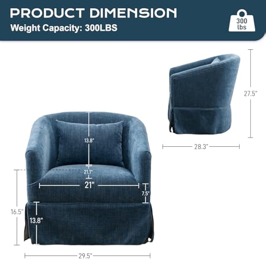Swivel Accent Chair Set of 2, Comfy Modern Swivel Barrel Chair with Skirt, 360°Upholstered Chenille Small Single Sofa Club Armchair for Living Room Bedroom Nursery Lounge, Blue
