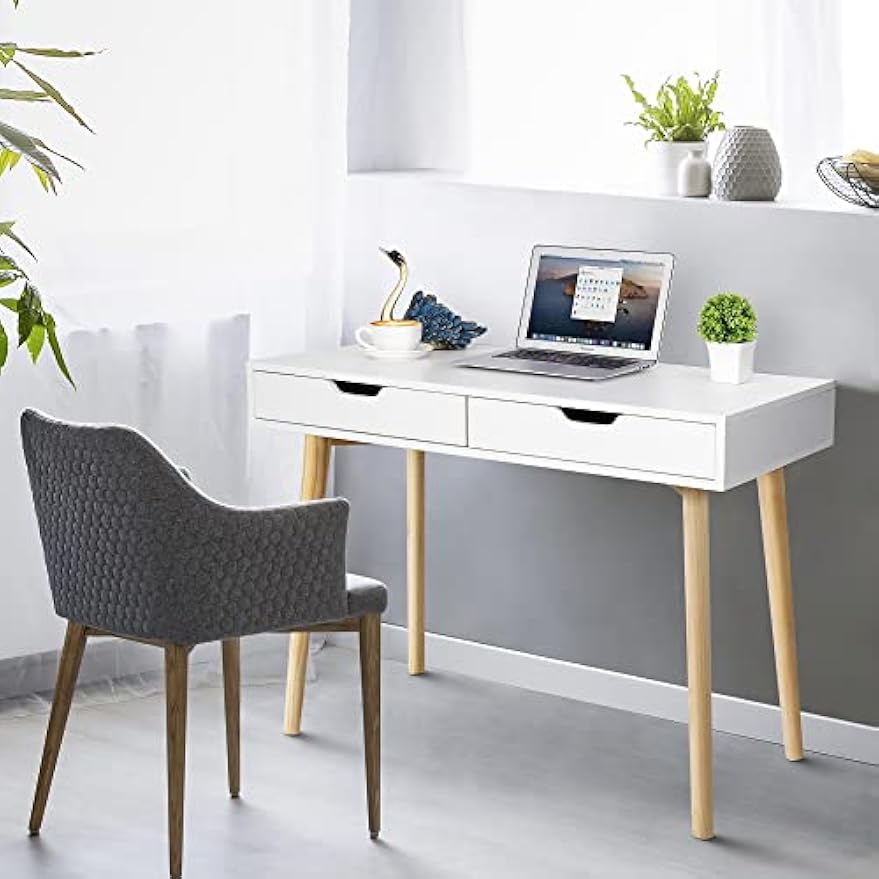 SUPER DEAL Mid Century Writing Computer Desk, Modern Home Office Laptop PC Desk with Two Storage Drawers & Solid Wood Legs, Console Table Makeup Vanity Table for Bedroom