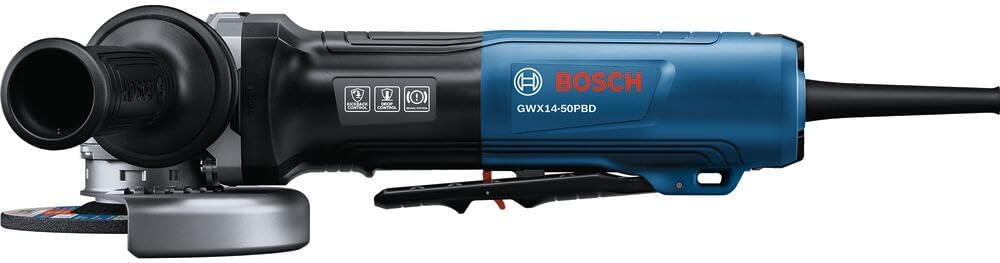 BOSCH GWX14-50PBD 5 In. X-LOCK™ Angle Grinder - 13-Amp Motor, 11,500 RPM, Lightweight Design, Paddle Switch, Brake System, Anti-Vibration Handle, KickBack Control, Overload Protection