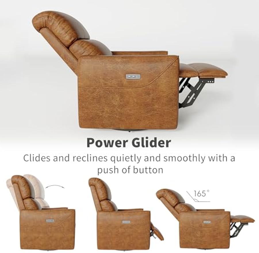 Swivel Rocking Recliner Chair, Power Recliner Glider with Double Handrail & Faux Leather Upholstery, Comfortable Rocker Recliner for Living Room, Bedroom, Nursery (Power, Camel)