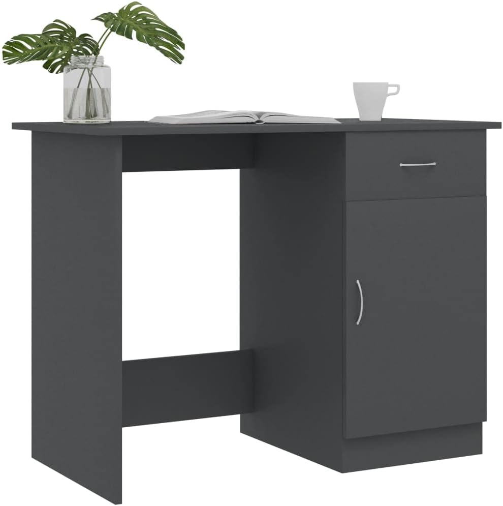 vidaXL Desk Computer Desk Home Office Desk with Drawer Gray Engineered Wood