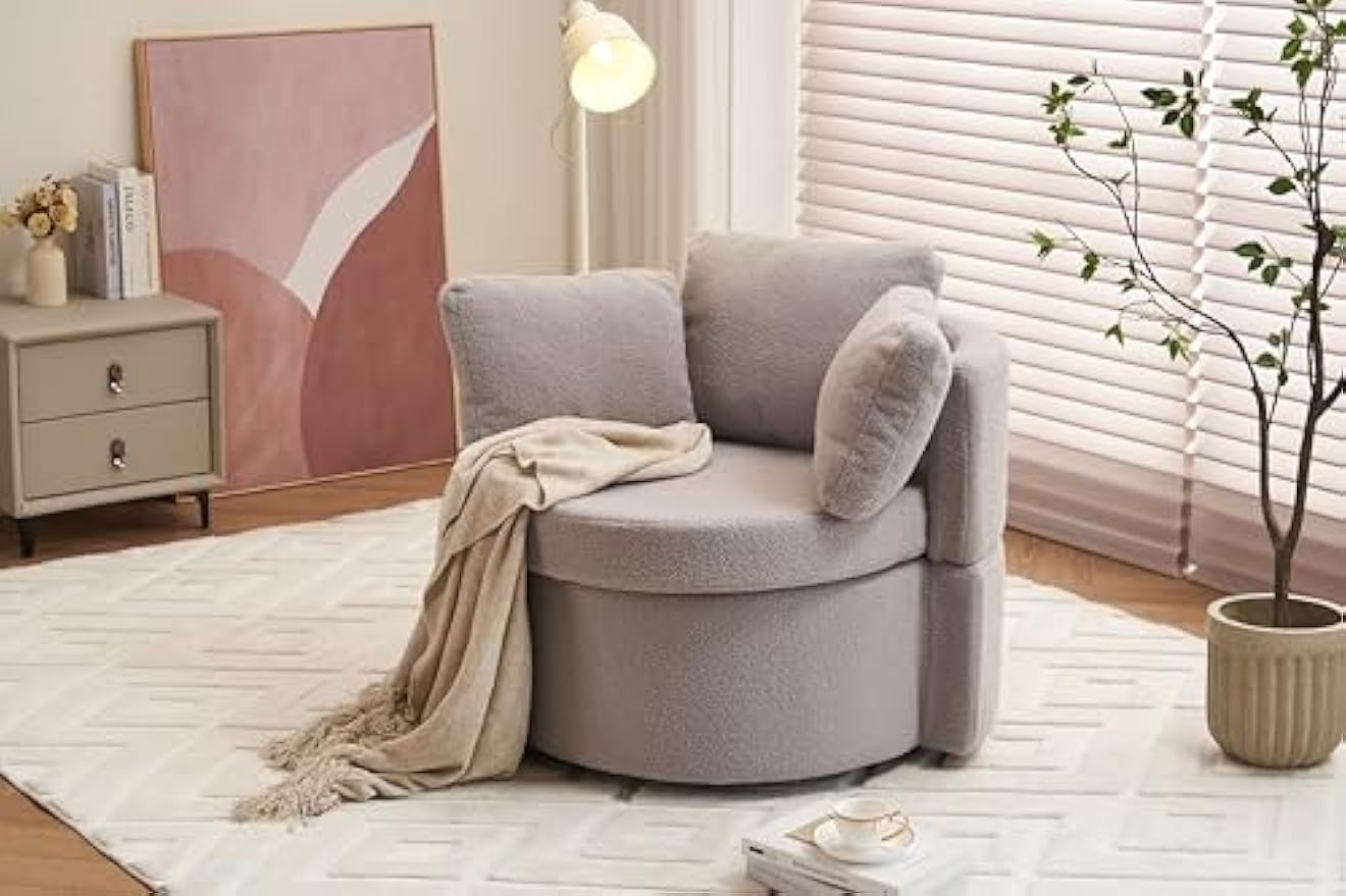 Teddy Fabric Swivel Chair with Storage, 360° Swivel, Back Cushion, Modern Living Room Chair, Light Gray, 31.5W x 33.9D x 26H in