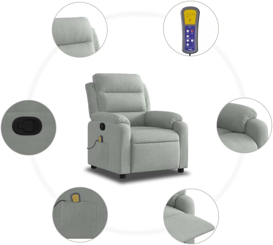 vidaXL Light Gray Velvet Recliner Chair - Manual Massage Lounger with Side Pocket for Living Room, Bedroom, Lounge