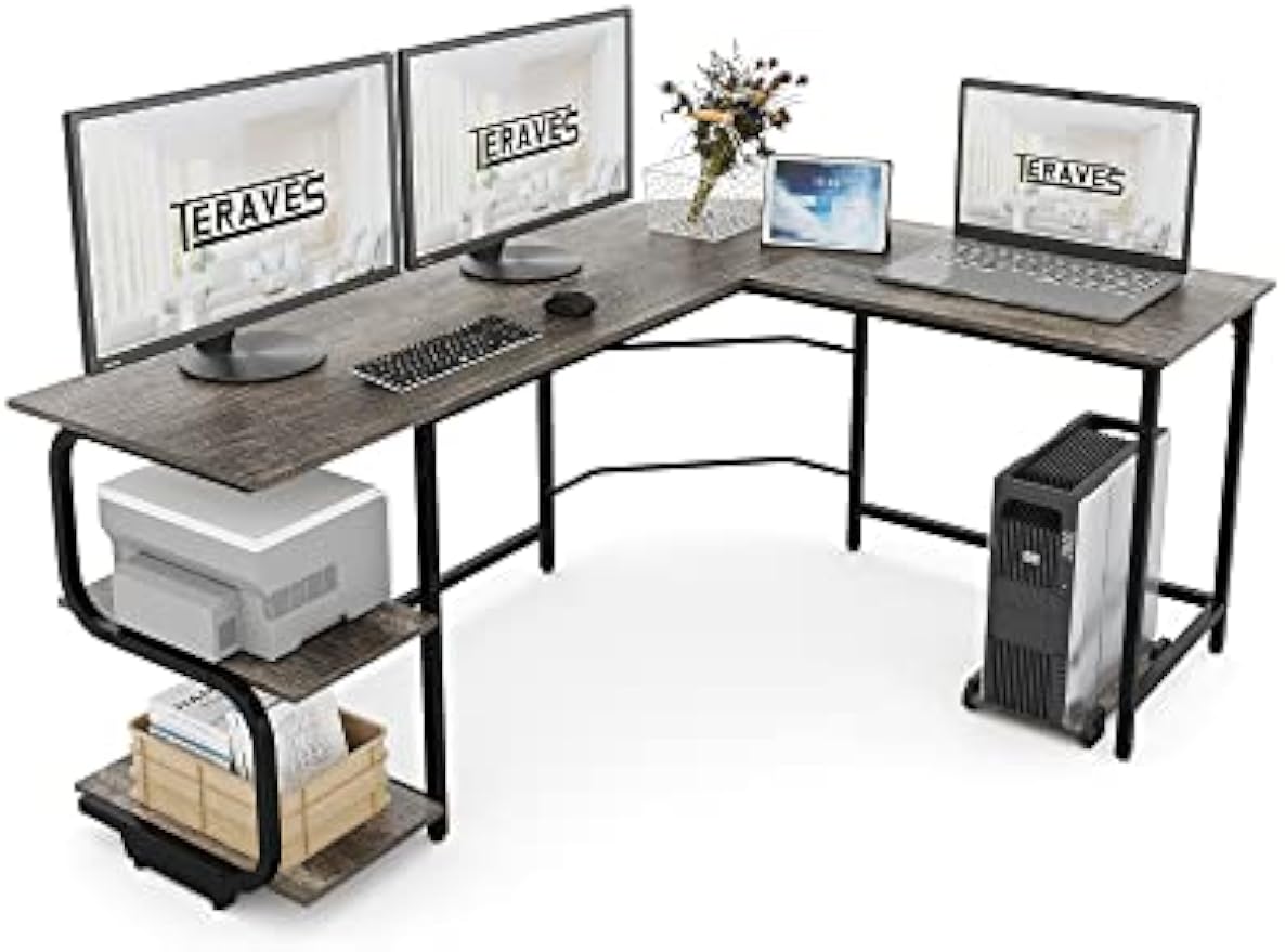 Teraves Reversible L Shaped Desk with Large Surface, 61 Inch Sturdy Corner Desk with Storage Shelves, Premium Office Computer Desk Workstation for Home Office Gaming