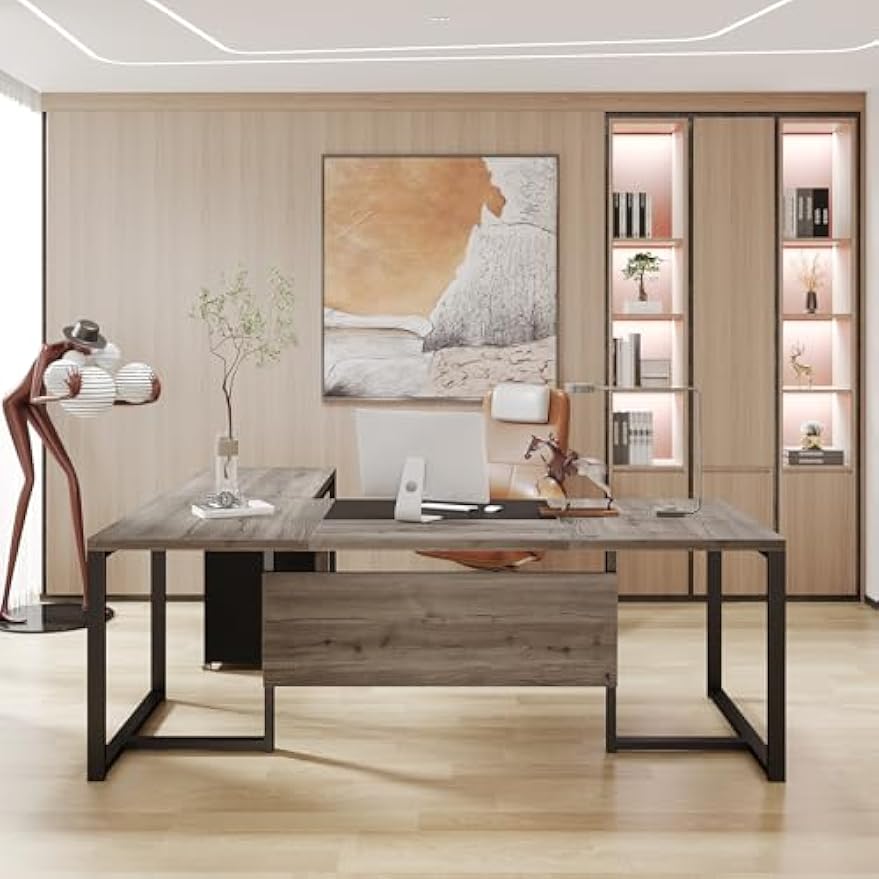 Tribesigns 70.8" L-Shaped Executive Desk with Drawer Cabinet, Large Executive Office Desk with Separate File Cabinet, Home Office Desk Workstation Business Furniture Set, Retro Gray