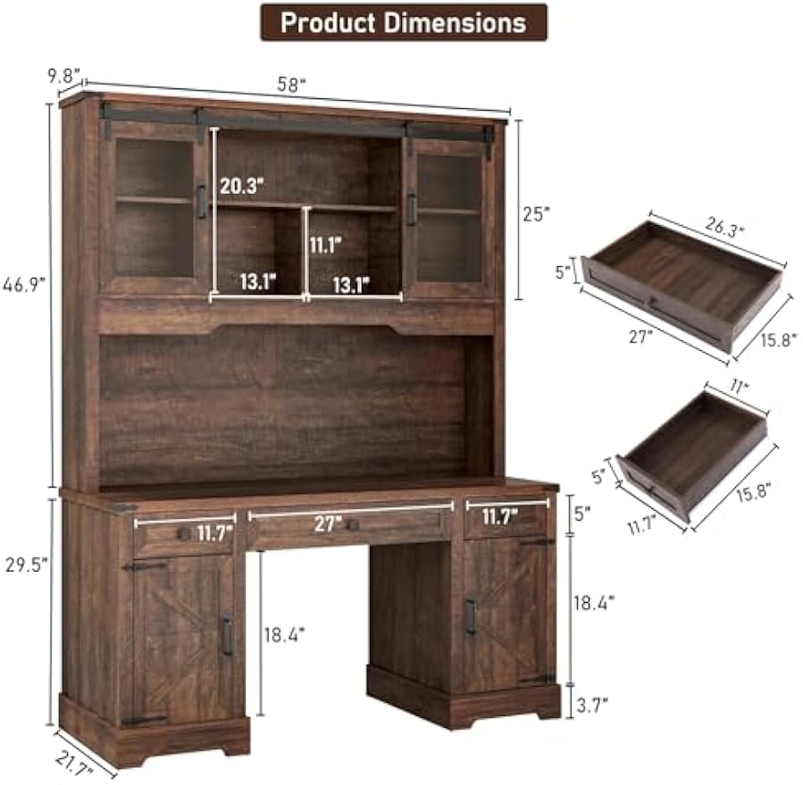 76" Height Farmhouse Desk with Sliding Door Hutch, Wood Office Executive Workstation Computer Desk with Charging Station, Drawers and Storage Cabinet, for Work, Sturdy, Game, Brown