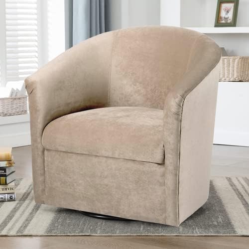 Swivel Barrel Chair, Velvet Round Accent Chair with 360 Degree Swivel Metal Base, Single Club Armchair with Curved Back and Thick Cushion, Leisure Sofa Chair for Living Room Bedroom, Beige