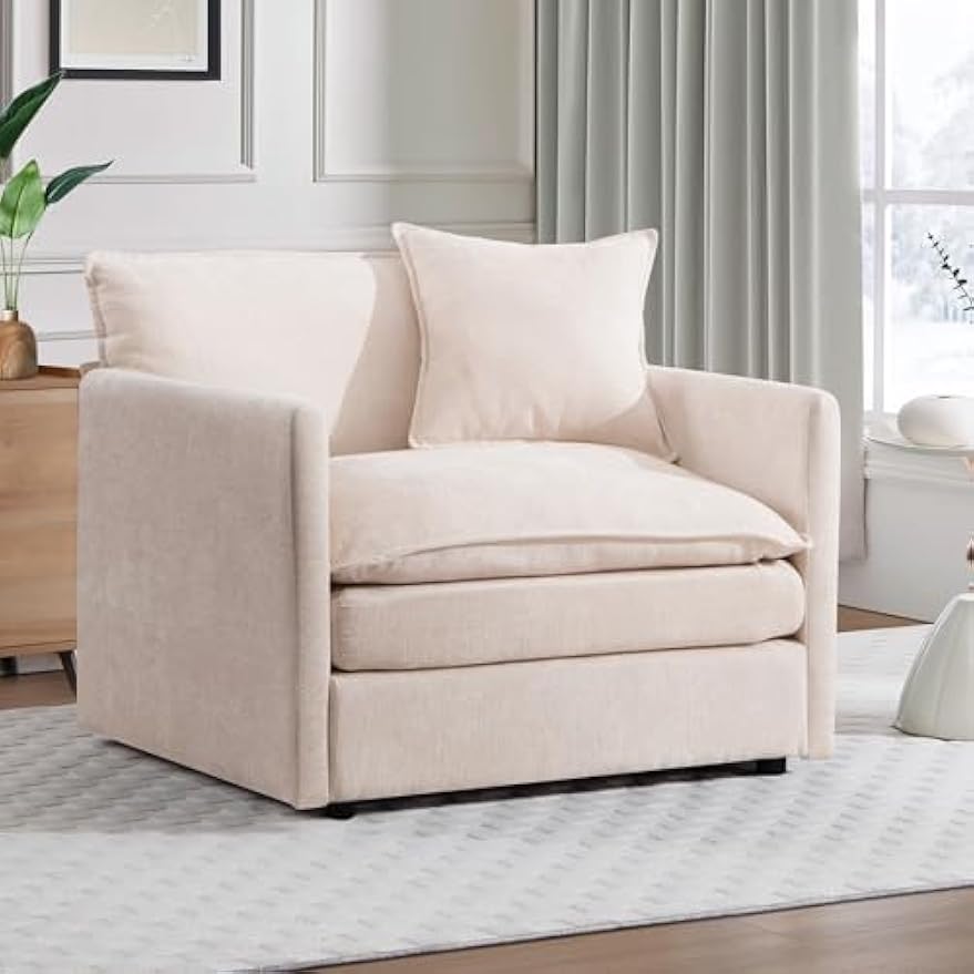 SLEERWAY Single Upholstered Oversized Chair, Modern Comfy Living Room Chair, Chenille Large Cloud Couch Accent Chair, Lounge Chair Indoor and A Half for Bedroom Office Apartment, Beige