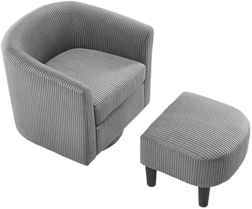 Swivel Accent Chair, 360°Recliner Corduroy Arm Chair with Ottoman, Gray, Easy to Maintain, for Living Room, Bedroom & Small Space
