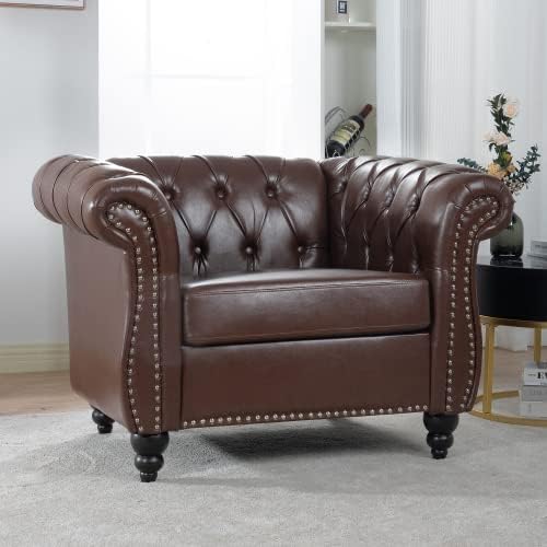 Single Sofa Chair,Modern PU Leather Button Tufted Upholstered Armchair with Rolled Arms,Chesterfield Accent Club Armchair with Solid Wood Legs for Living Room Bedroom Office, Dark Brown