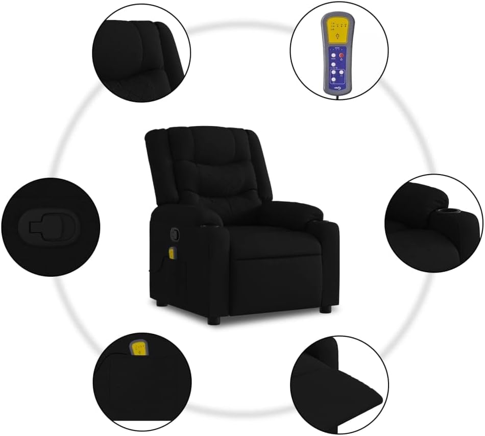 vidaXL Black Fabric Massage Recliner Chair - Manual Reclining, Vibration Massage, Cup Holders for Comfort in Living Room/Lounge
