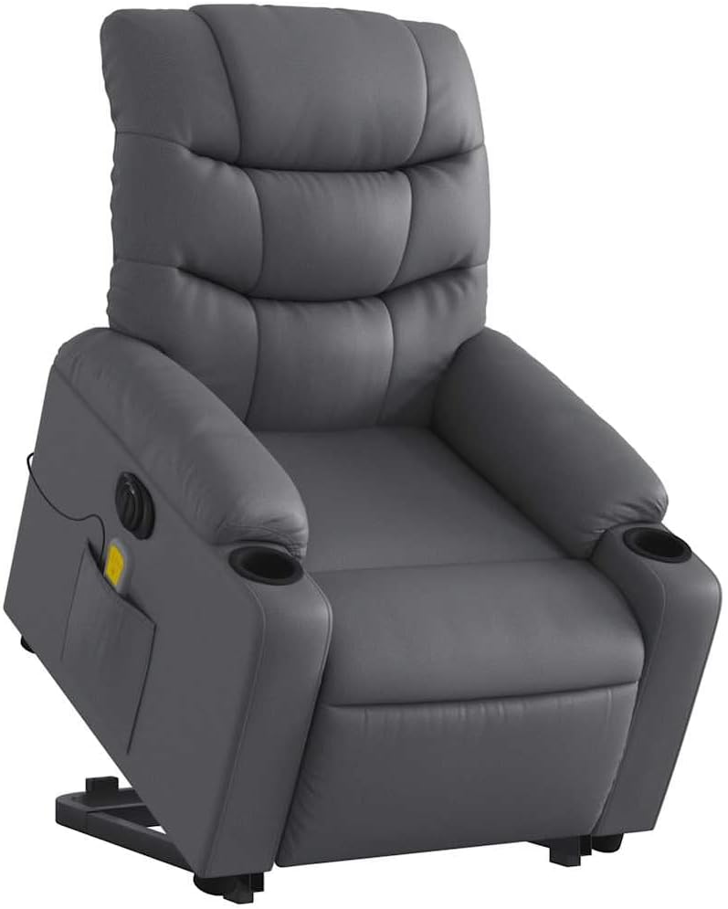 vidaXL Stand Up Power Lift Recliner Chair - Gray Faux Leather Massage Armchair with Cup Holders, Manual Recline for Living Room