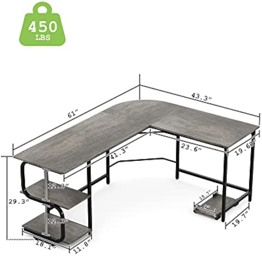 Teraves Reversible L Shaped Desk with Large Surface, 61 Inch Sturdy Corner Desk with Storage Shelves, Premium Office Computer Desk Workstation for Home Office Gaming