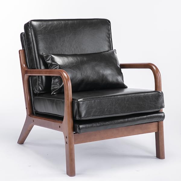 Accent Chair Set of 2- Mid-Century Modern Chairs Living Room Furniture Set Bedroom Reading, Solid Wood Arm Chair Lumber Pillow, Comfy Cushion Ergonomic Lounge Armchair Brown Leather Office Side Chair
