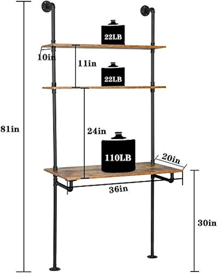 ZIOTHUM Industrial Wall Mount Desk with Shelves, Ladder Style Computer Laptop Desk, Floating Table with Storage, Industrial Pipe Bookcase for Home Office (36x20x81)