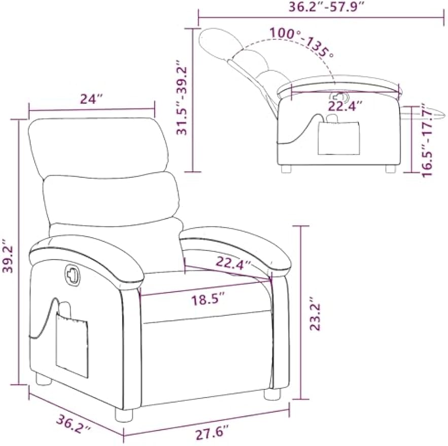 vidaXL Massage Recliner Chair for Adults, Single Theater Seating with Vibration Massage & Manually Adjustable Backrest/Footrest, Modern Reclining Sofa for Living Room, Dark Gray Fabric