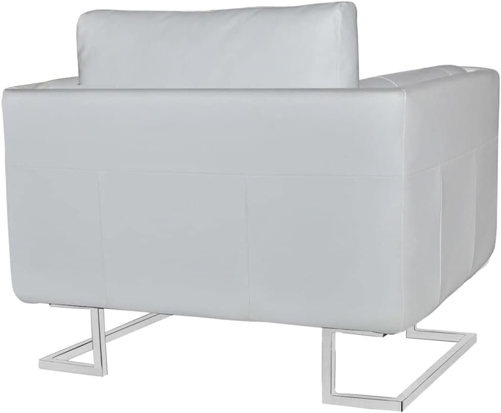 vidaXL Cube Armchair with Chrome Feet in White Faux Leather for Modern Living Rooms and Bedrooms Comfortable Stylish Seating Reading Relaxation French Armchairs Room Chairs Chair Bedroom