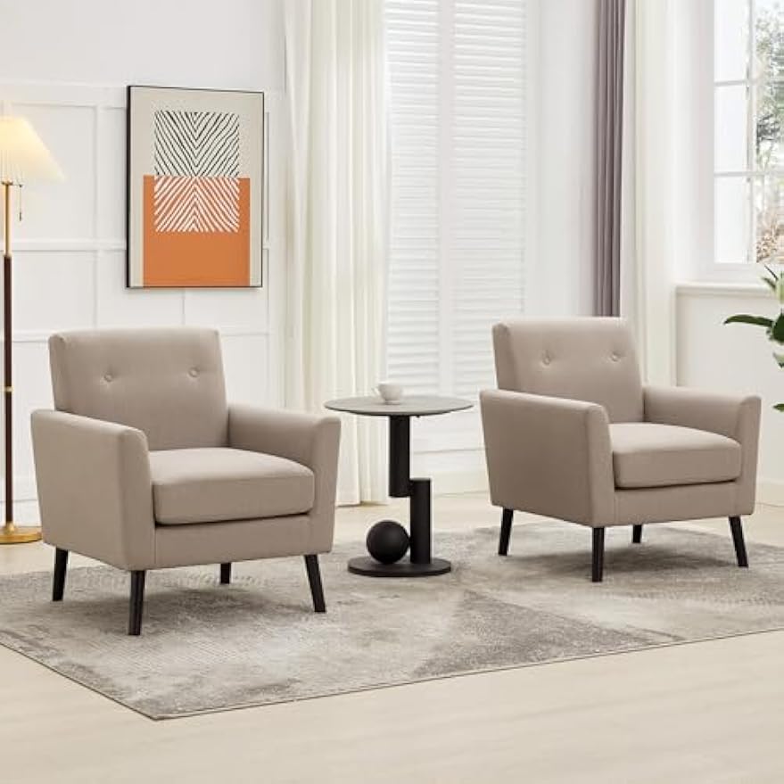 Accent Chair for Living Room Chairs,Mid Century Modern Armchair Comfy Upholstered Reading Accent Chairs,Single Sofa Chair With Wood Legs & Thicker Seat Cushion for Living Room Bedroom,2PCS Grey