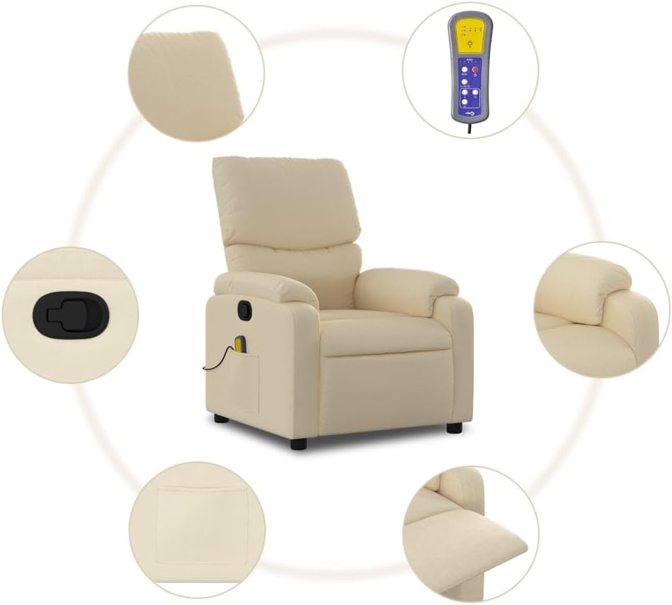 vidaXL Massage Recliner Chair/Cream Fabric Vibration Reclining Seat with Handle/Footrest/Armrests for Living Room/Bedroom/29.5" x39 x39 W/D/H