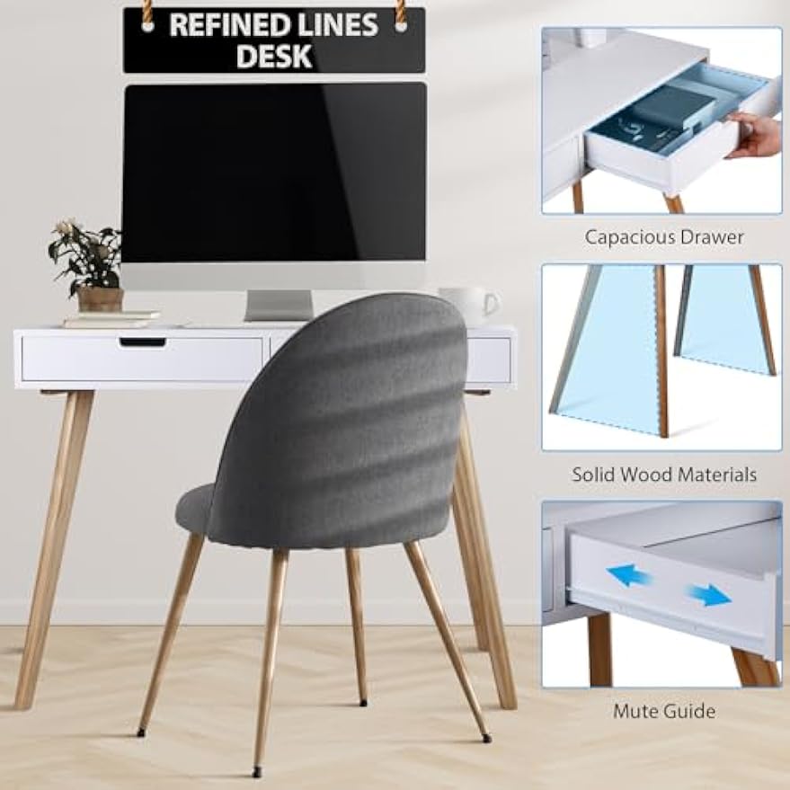 SUPER DEAL Mid Century Writing Computer Desk, Modern Home Office Laptop PC Desk with Two Storage Drawers & Solid Wood Legs, Console Table Makeup Vanity Table for Bedroom