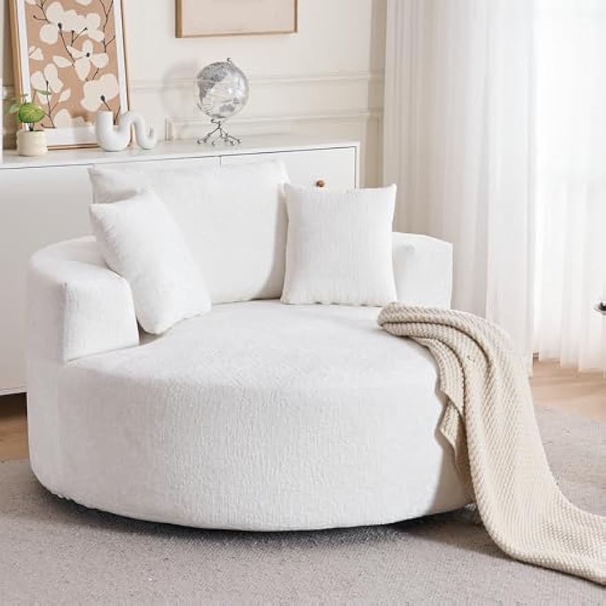 54" W Oversized Round Swivel Accent Barrel Chair Lounge Chaise Indoor, 360° Rotating Chenille Upholstered Cloud Large Circle Chair,No Assembly Wide Deep Seat Single Sofa Armchair for Living Room