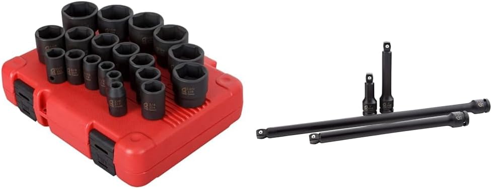 SUNEX TOOLS 2640, 1/2 Inch Drive Impact Socket Set, 19-Piece, SAE, 3/8 Inch – 1-1/2 Inch, Cr-Mo Alloy Steel, Radius Corner Design, Dual Size Markings, Heavy Duty Storage Case, Meets ANSI Standards