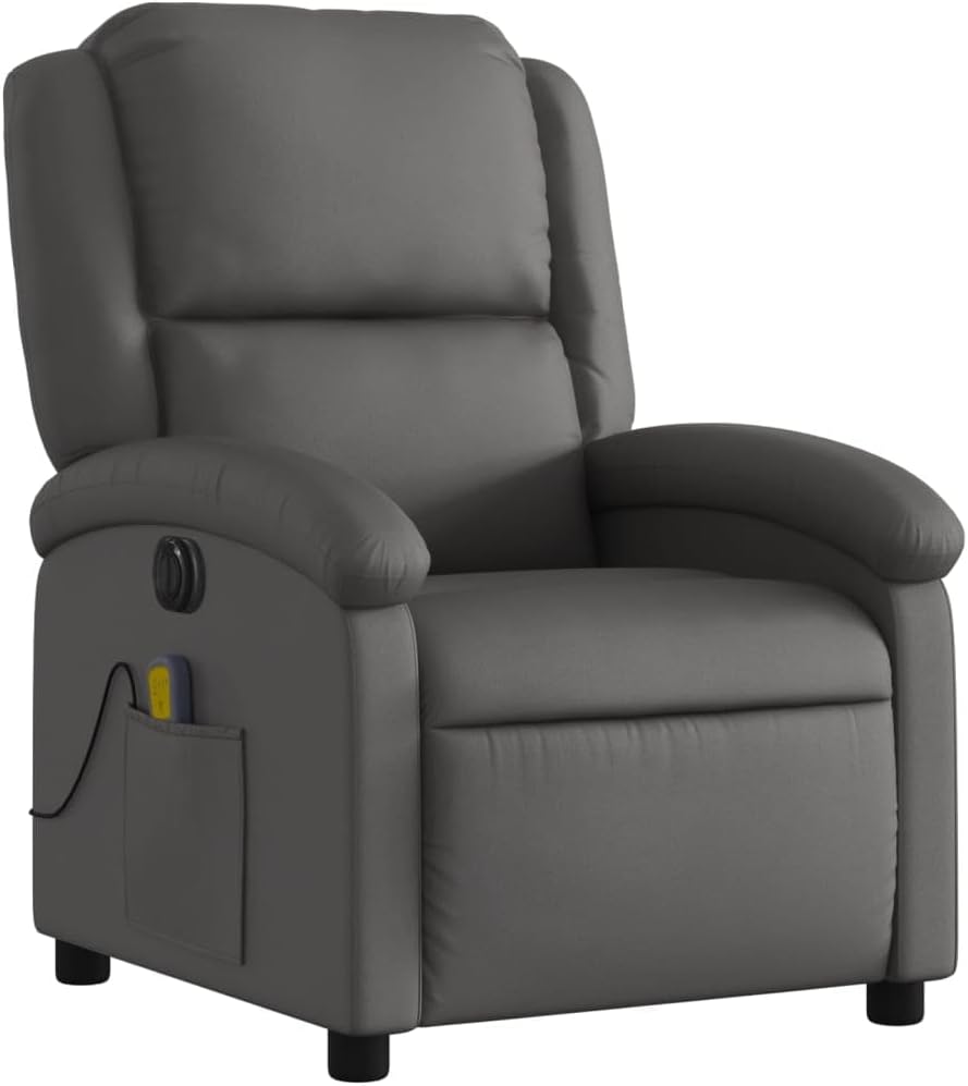 vidaXL Massage Recliner Chair for Elderly - Gray Real Leather, Manual Recline, Vibration Massage, Side Pocket, Sturdy Frame, Comfortable Armchair for Living Room/Bedroom