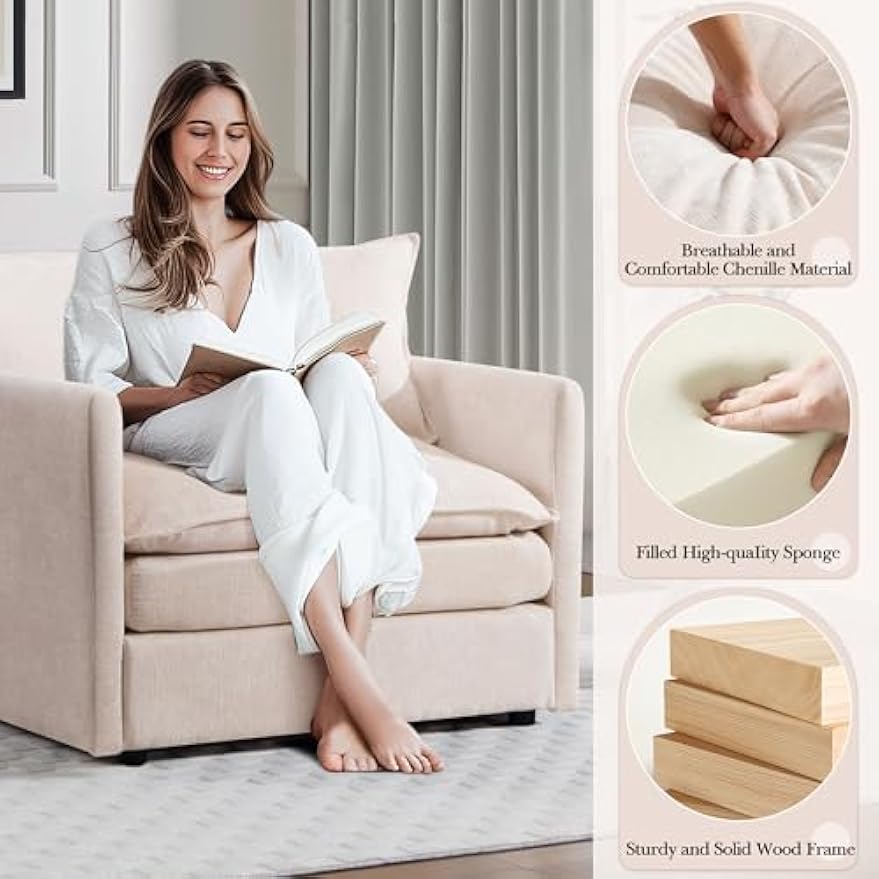 SLEERWAY Single Upholstered Oversized Chair, Modern Comfy Living Room Chair, Chenille Large Cloud Couch Accent Chair, Lounge Chair Indoor and A Half for Bedroom Office Apartment, Beige