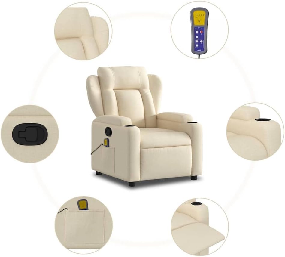 vidaXL Massage Recliner Chair - Cream Fabric - Manual Recliner with 6-Point Vibration Massage, Cup Holders, and Side Pocket for Living Room/Office - Adjustable Footrest and Backrest