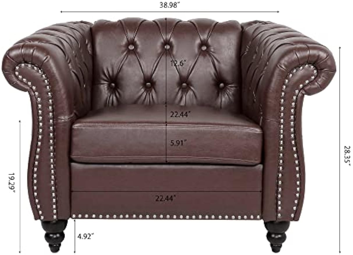 Bellemave Chesterfield Leather Club Chair, Single Tufted Sofa, Throne Chair, Vintage Living Room Furniture, Accent Rolled Arm Chairs for Bedroom Apartment, Dark Brown PU