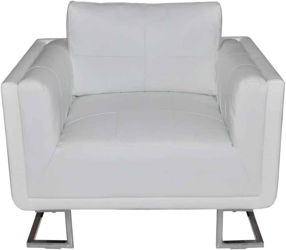 vidaXL Cube Armchair with Chrome Feet in White Faux Leather for Modern Living Rooms and Bedrooms Comfortable Stylish Seating Reading Relaxation French Armchairs Room Chairs Chair Bedroom