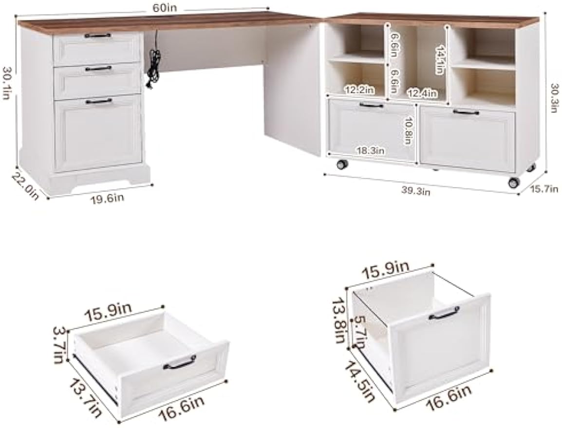 60" Farmhouse Executive Desk and 40" Mobile File Cabinet Combination,L Shaped Executive Desk with Charging Station,Home Office Desk for Office Work,Home Study