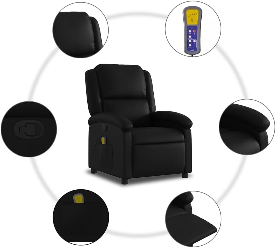 vidaXL Black Faux Leather Massage Recliner Chair - Manual Recline, Vibrating Massage Points, Plush Padding, Side Pocket, Sturdy Frame for Living Room/Lounge
