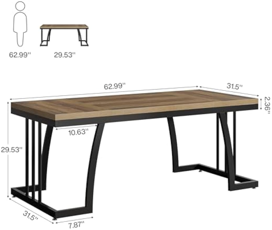 Tribesigns 63" Executive Desk, Large Office Computer Desk with Thick Wooden Desktop & Sturdy Metal Frame, Modern Simple Business Workstation Writing Study Table for Home Office, Rustic Brown & Black