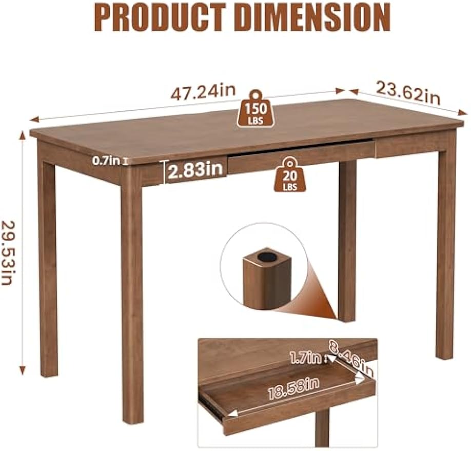 100% Solid Wood Desk with Keyboard Tray - 48 x 24 Inch Computer Desk with Keyboard Tray, Mid Century Modern Writing Desks, Simple Study Table Home Office Desks for Small Spaces|Bedroom-Walnut
