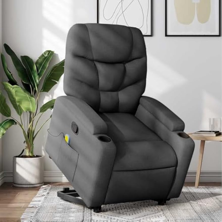 vidaXL Power Lift Massage Recliner Chair-Manual Recliner with Cup Holder/Armchair for Elderly-Dark Gray Fabric-Relaxing Lounge Armchair for Living Room, 3206043