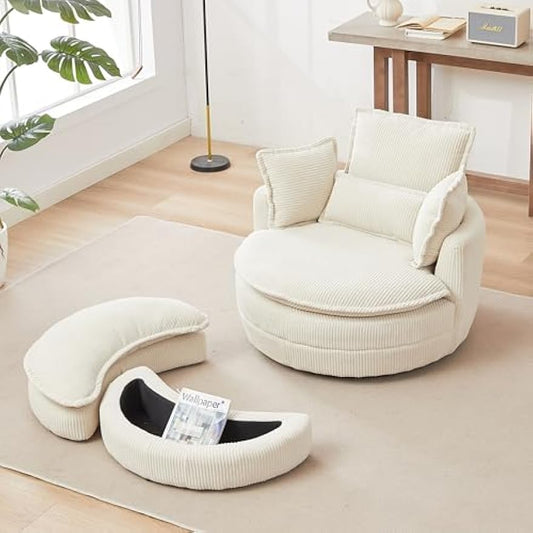 Bellemave Oversized Swivel Chair with Moon Storage Ottoman Modern Accent Round Chair Upholstered Armchair, Swivel Barrel Chairs with Pillows for Living Room, Bedroom, Reception Room (Beige)