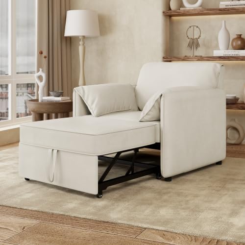 Sleeper Sofa Chair 3-in-1 Convertible, Pullout Sofa Bed with Adjustable Backrest and Thicked Cushions, Linen Fabric Armchair for Living Room, Bedroom, Apartment (White)