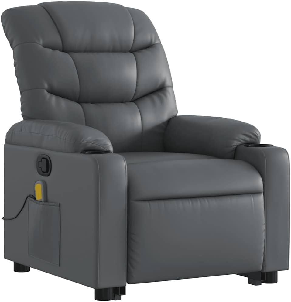 vidaXL Stand Up Power Lift Recliner Chair - Gray Faux Leather Massage Armchair with Cup Holders, Manual Recline for Living Room