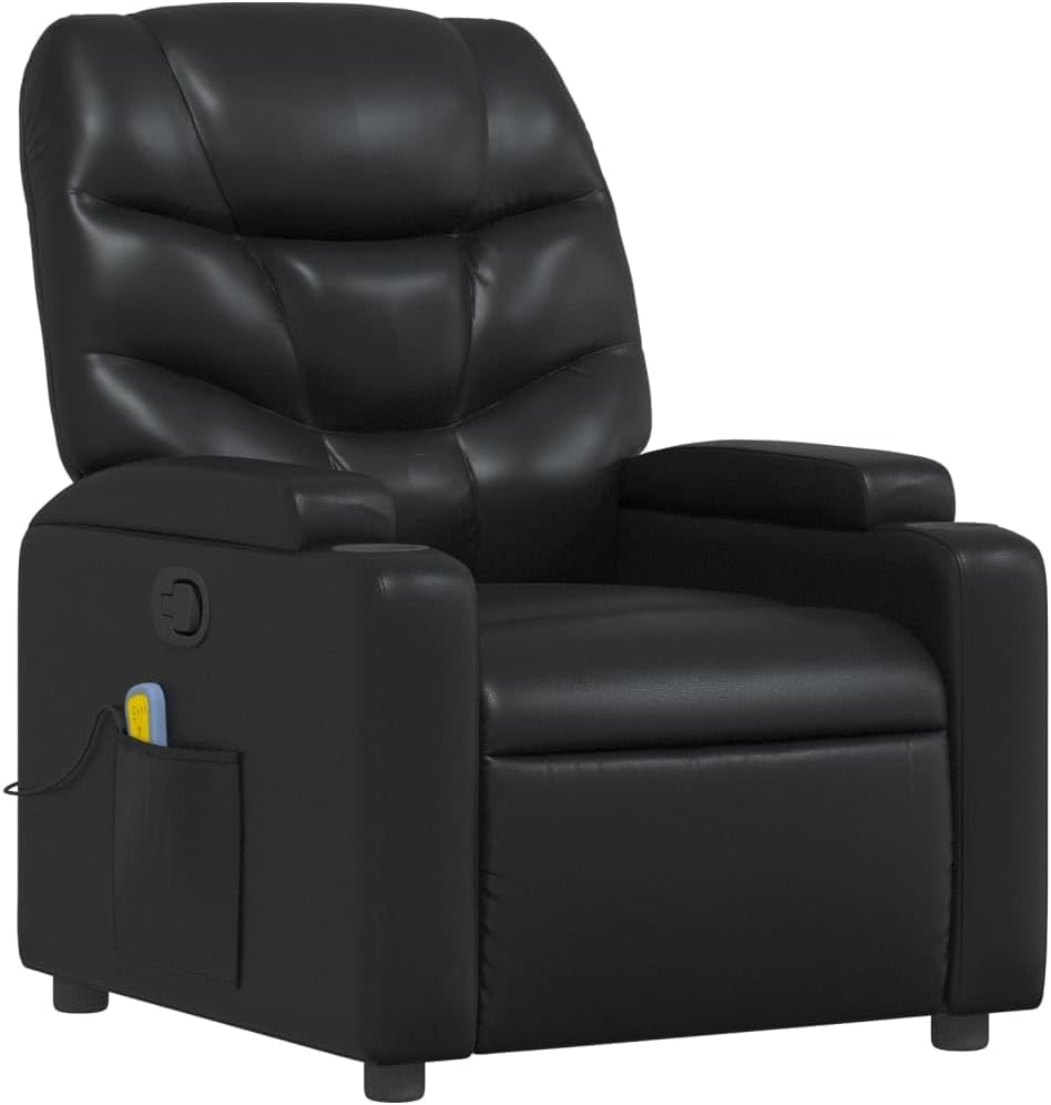 vidaXL Black Leather Recliner Chair with 6-Point Vibration Massage, Adjustable Backrest & Footrest, Cup Holders, Side Pocket, Padded Seat, Perfect for Living Room or Home Theater Seating