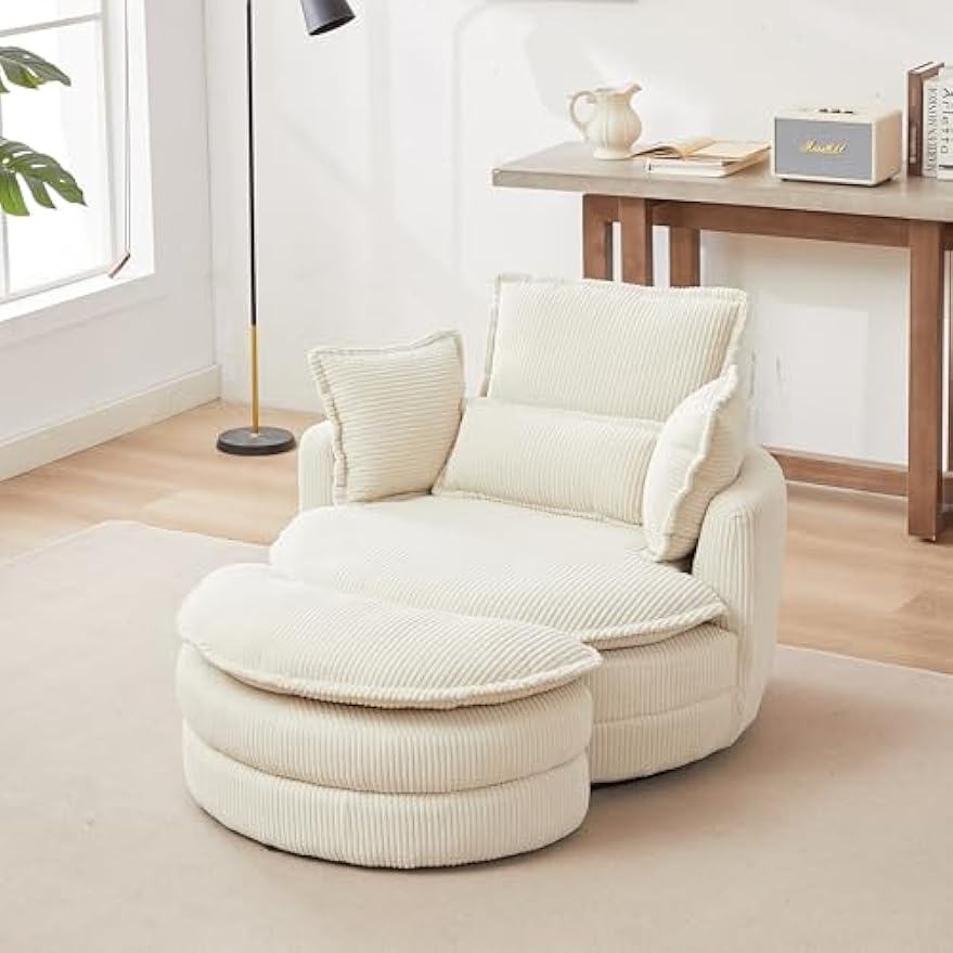 Bellemave Oversized Swivel Chair with Moon Storage Ottoman Modern Accent Round Chair Upholstered Armchair, Swivel Barrel Chairs with Pillows for Living Room, Bedroom, Reception Room (Beige)