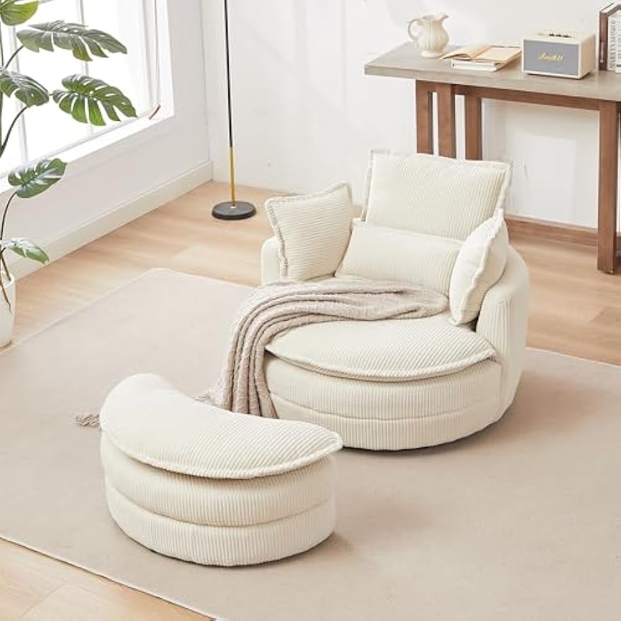 Bellemave Oversized Swivel Chair with Moon Storage Ottoman Modern Accent Round Chair Upholstered Armchair, Swivel Barrel Chairs with Pillows for Living Room, Bedroom, Reception Room (Beige)