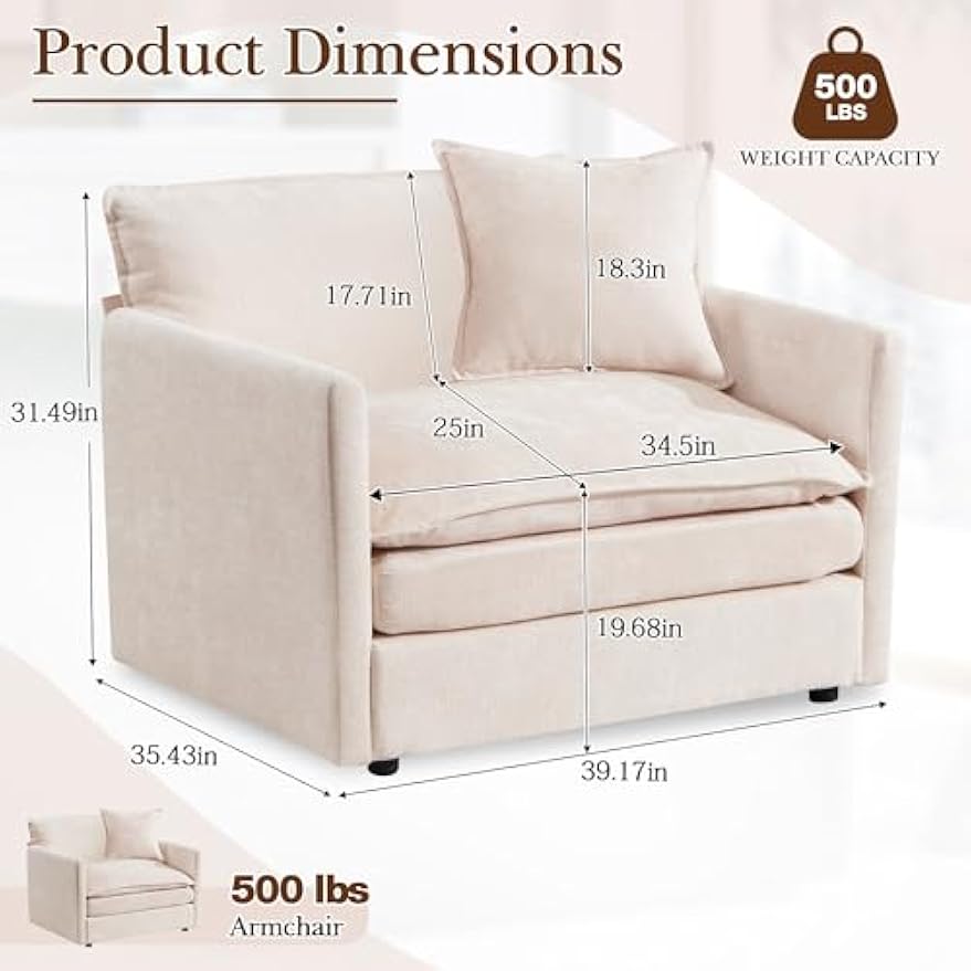 SLEERWAY Single Upholstered Oversized Chair, Modern Comfy Living Room Chair, Chenille Large Cloud Couch Accent Chair, Lounge Chair Indoor and A Half for Bedroom Office Apartment, Beige