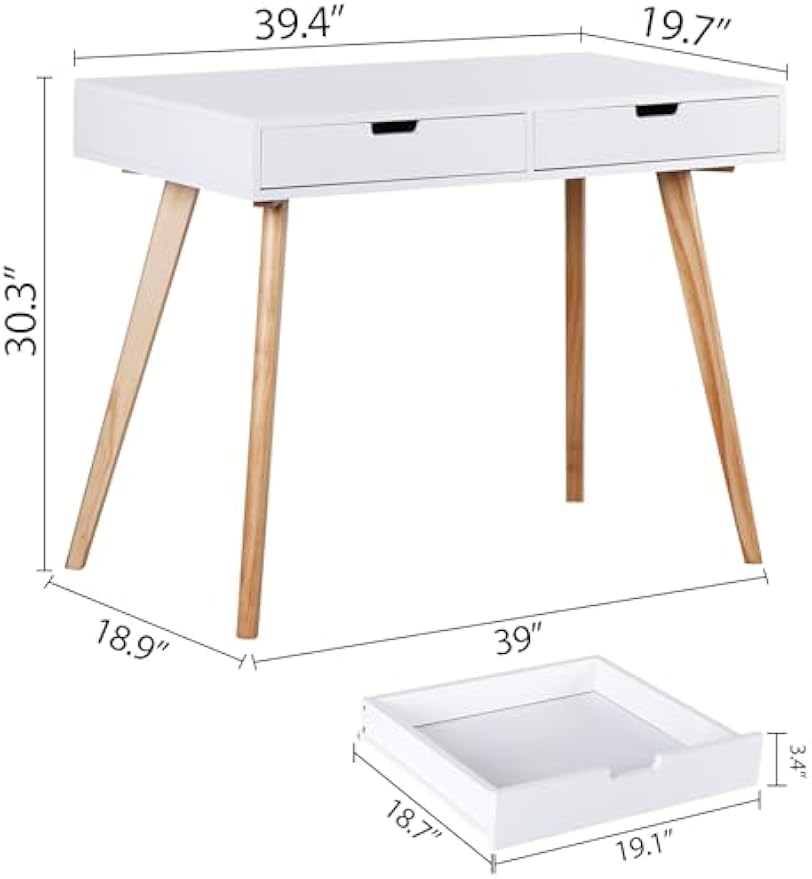 SUPER DEAL Mid Century Writing Computer Desk, Modern Home Office Laptop PC Desk with Two Storage Drawers & Solid Wood Legs, Console Table Makeup Vanity Table for Bedroom