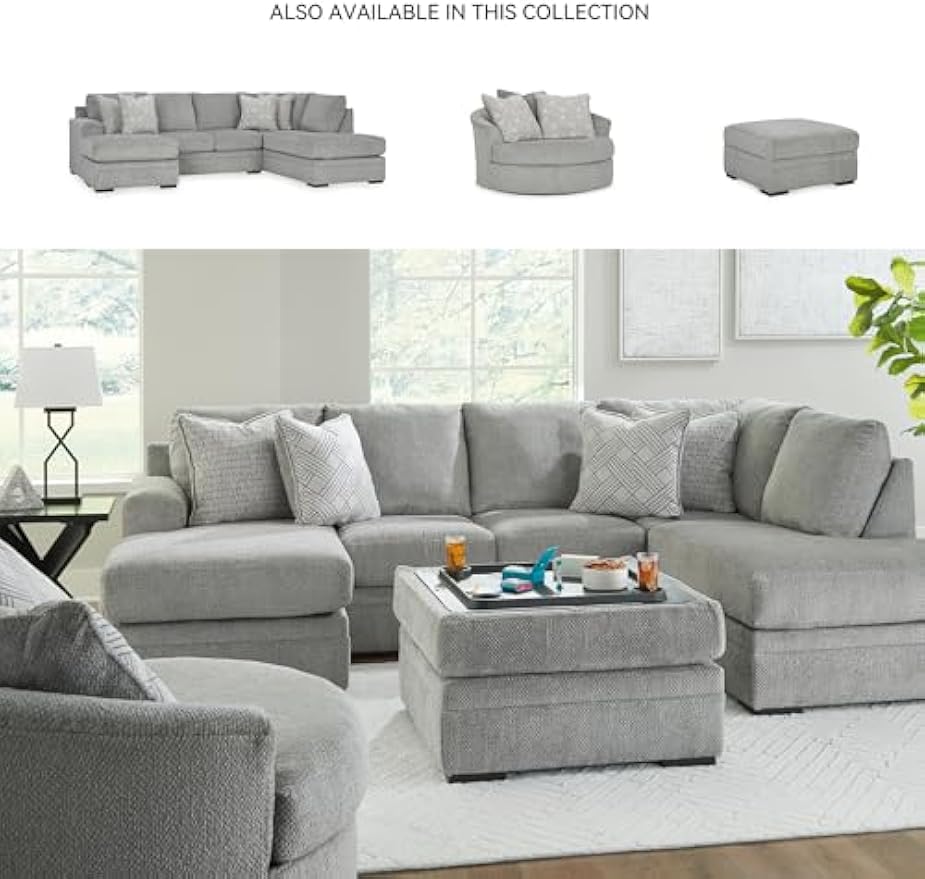 Signature Design by Ashley Casselbury Contemporary Upholstered Oversized Swivel Accent Chair with 3 Throw Pillows, Light Gray
